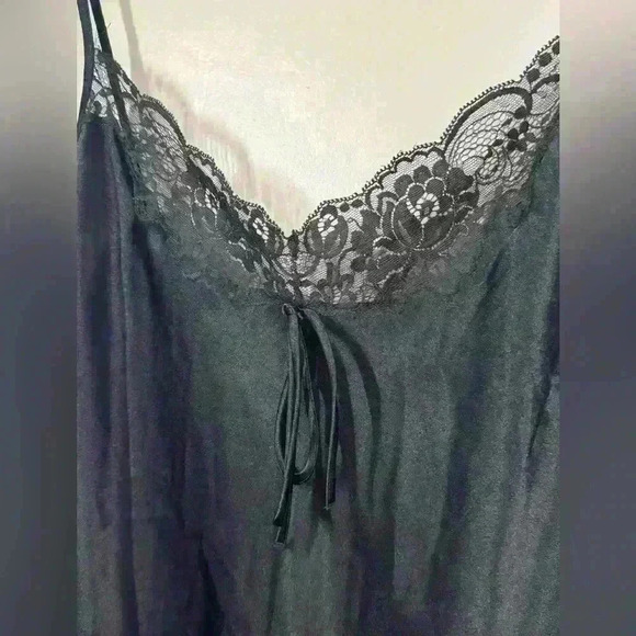 Jones New York Lingeriecore Y2K Black Silky Slip Dress M Lace Trim Chic Dark Fem - Picture 3 of 14